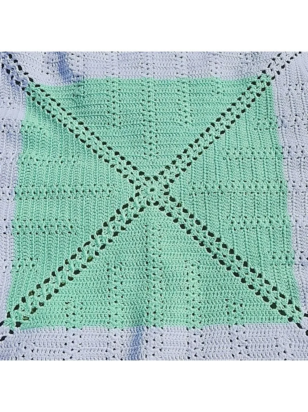 Handmade White Aqua Glitter Crochet Blanket Hand knit Grannycore Home Gifts 34